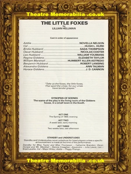  London Victoria Palace Theatre – The Little Foxes – 1982 – Elizabeth Taylor - Theatre Memorabilia - Theatre Programmes Theatre Memorabilia - Theatre Programmes