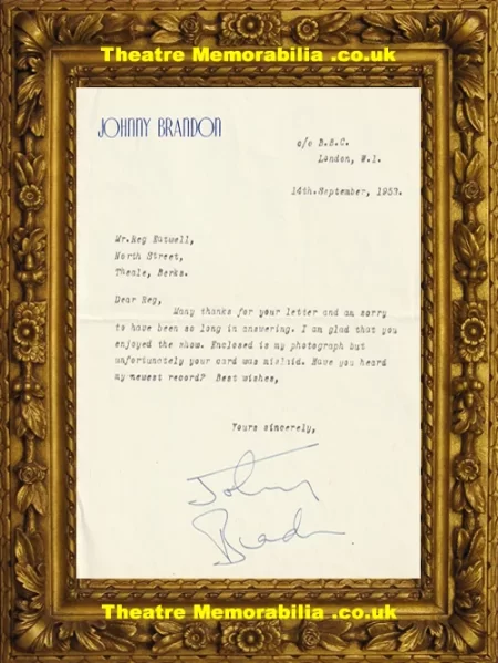  Johnny Brandon Autograph Signed Letter 1953 - Singer Don't Worry Theatre Memorabilia - Theatre Programmes