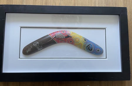 Rolf Harris attributed framed painted Aboriginal boomerang - image 2