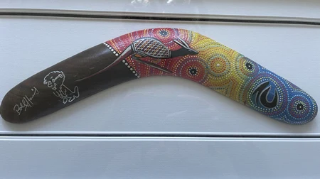 Rolf Harris attributed framed painted Aboriginal boomerang - image 3