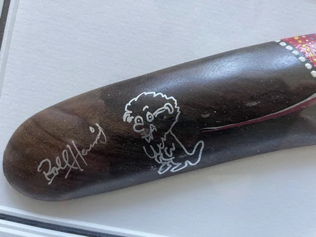 Rolf Harris attributed framed painted Aboriginal boomerang - image 4