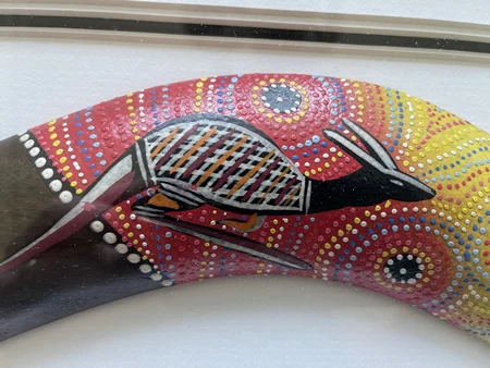 Rolf Harris attributed framed painted Aboriginal boomerang - image 5