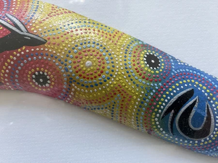 Rolf Harris attributed framed painted Aboriginal boomerang - image 6