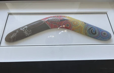 Rolf Harris attributed framed painted Aboriginal boomerang - image 8