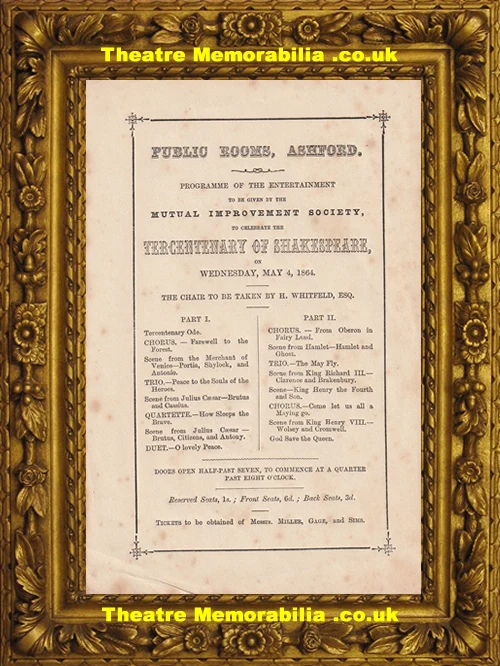 Centenary Of Shakespeare playbill, Ashford Public Rooms London 1864 - image 2