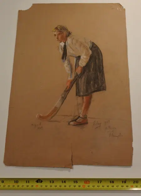 Harold Riley Picture Pastel Chalk - Hockey Girl 1969