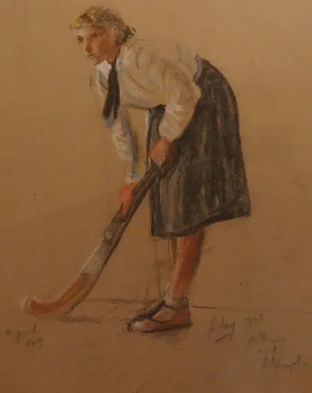 Harold Riley Picture Pastel Chalk - Hockey Girl 1969