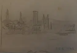 L S Lowry Sketch Drawing 4 Pictures in one Landscape – City 1946