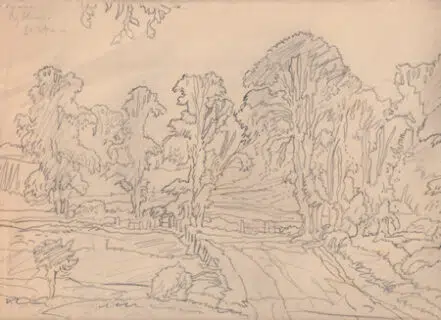L S Lowry Sketch – Drawing Art Work – A Country Scene – 1940s?