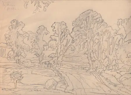 L S Lowry Sketch - Drawing Art Work - A Country Scene - 1940s?