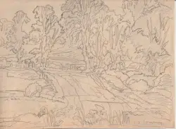L S Lowry Sketch - Drawing Art Work - A Country Scene - 1940s?