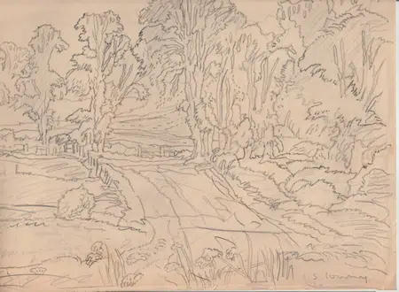 L S Lowry Sketch - Drawing Art Work - A Country Scene - 1940s?