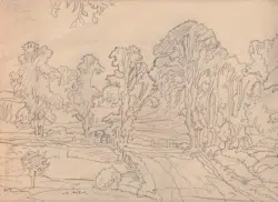 L S Lowry Sketch – Drawing Art Work – A Country Scene – 1940s?