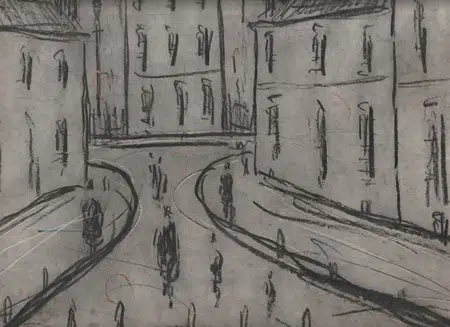 L S Lowry Sketch - Drawing Art Work - Street Scene 1960