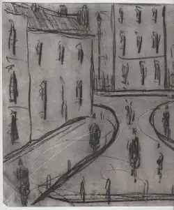 L S Lowry Sketch - Drawing Art Work - Street Scene 1960