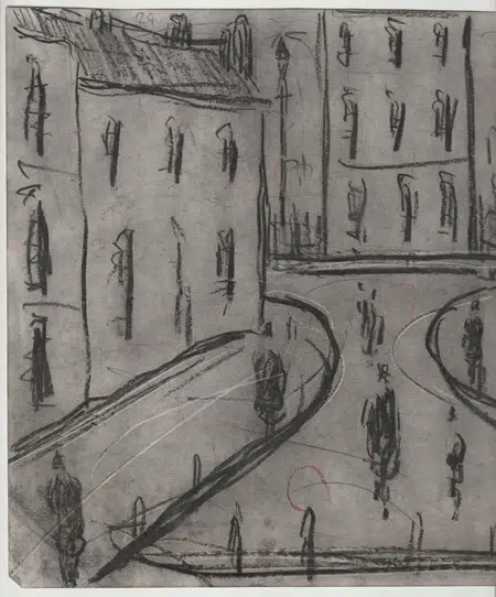 L S Lowry Sketch - Drawing Art Work - Street Scene 1960