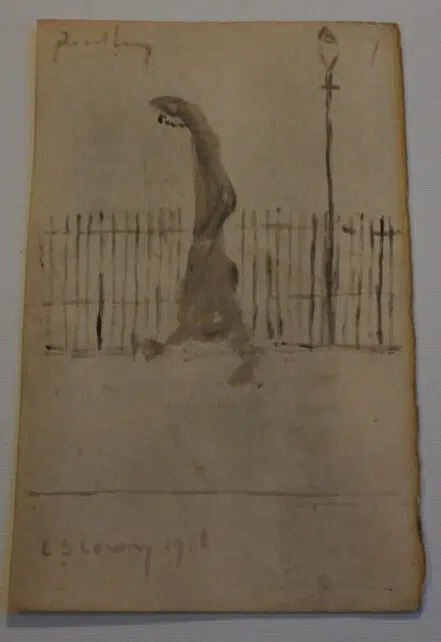 L S Lowry Sketch Picture Drawing – Man walking Pendlebury 1956