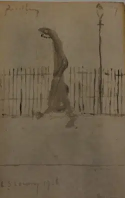 L S Lowry Sketch Picture Drawing – Man walking Pendlebury 1956