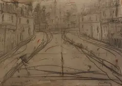 L S Lowry Sketch Picture Drawing – Street Scene Pendlebury 1951