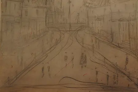 L S Lowry Sketch Picture Drawing - Street Scene Pendlebury 1957