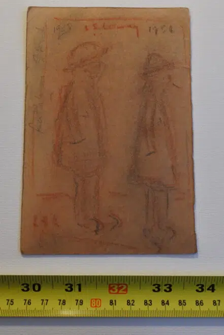 L S Lowry Sketch – Two Tramps – On Rear of Rent Book Form 1958