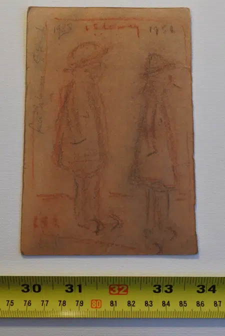 L S Lowry Sketch - Two Tramps - On Rear of Rent Book Form 1958