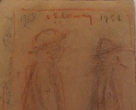 L S Lowry Sketch - Two Tramps - On Rear of Rent Book Form 1958
