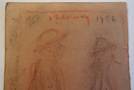 L S Lowry Sketch - Two Tramps - On Rear of Rent Book Form 1958