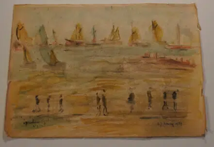 L S Lowry Watercolour Painting – Boats and People 1959