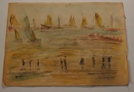L S Lowry Watercolour Painting - Boats and People 1959