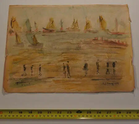 L S Lowry Watercolour Painting - Boats and People 1959