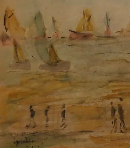 L S Lowry Watercolour Painting - Boats and People 1959