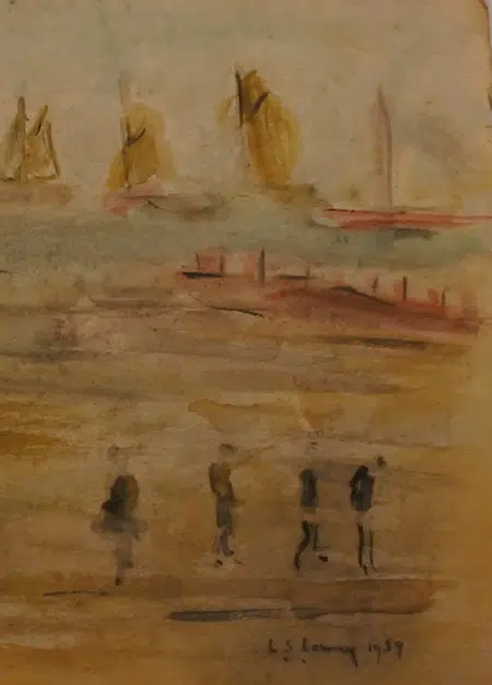 L S Lowry Watercolour Painting - Boats and People 1959