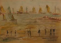 L S Lowry Watercolour Painting – Boats and People 1959
