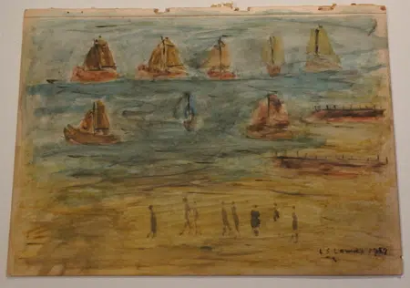 L S Lowry Watercolour Painting - People on the Beach Boats 1959