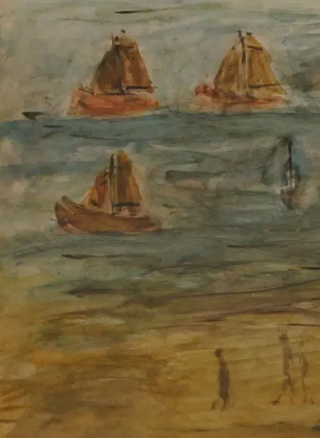 L S Lowry Watercolour Painting - People on the Beach Boats 1959