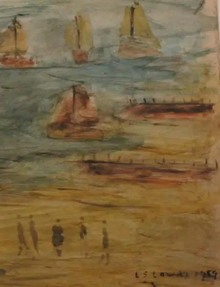 L S Lowry Watercolour Painting - People on the Beach Boats 1959
