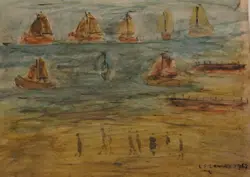 L S Lowry Watercolour Painting – People on the Beach Boats 1959