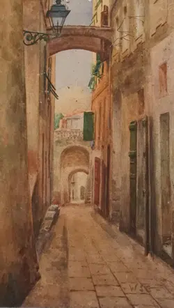 Winston Churchill Watercolour Painting – Old Street Scene 1940s