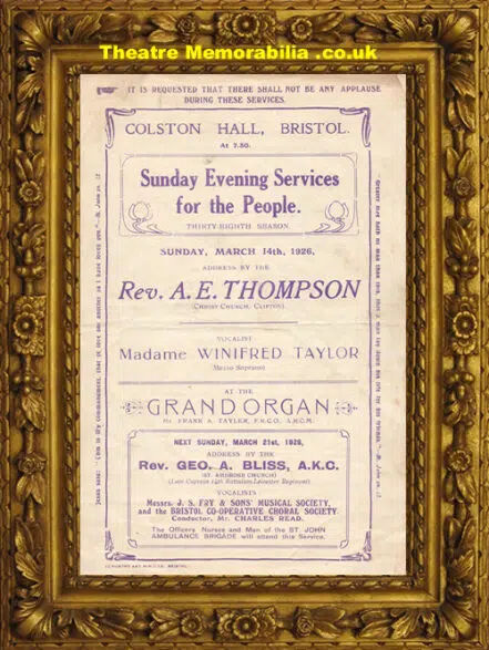 Bristol Colston Hall – Evening Services – 1926