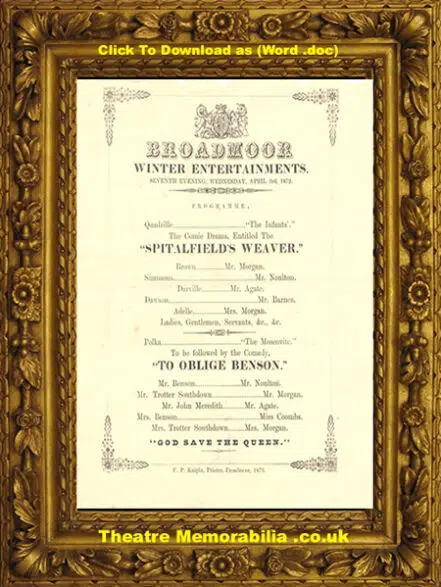 Broadmoor High Security Hospital Entertainment Programme – 1872
