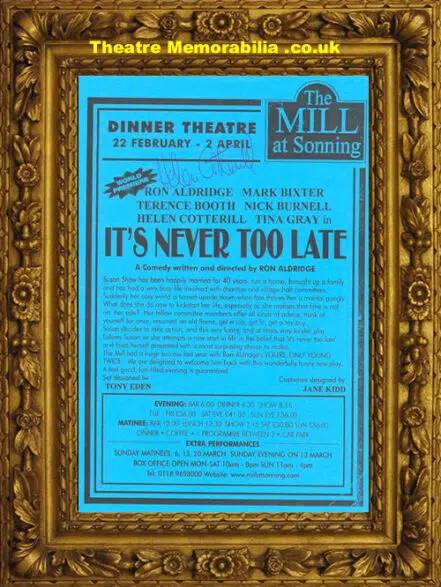 Helen Cotterill Autograph Never Too Late Signed Theatre Flyer