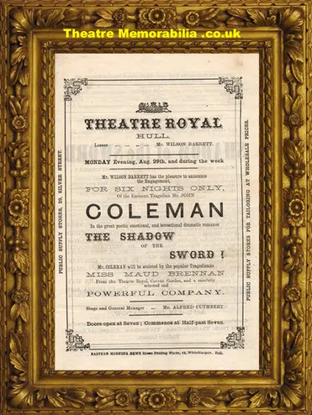 Hull Theatre Royal – Shadow Of The Sword – Coleman – late 1800’s
