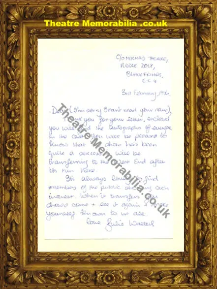 Julie Walters Hand Written Letter Signed 1976 – Mermaid Theatre