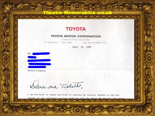 Larry Numata Managing Director Toyota Cars Signed Letter 1989