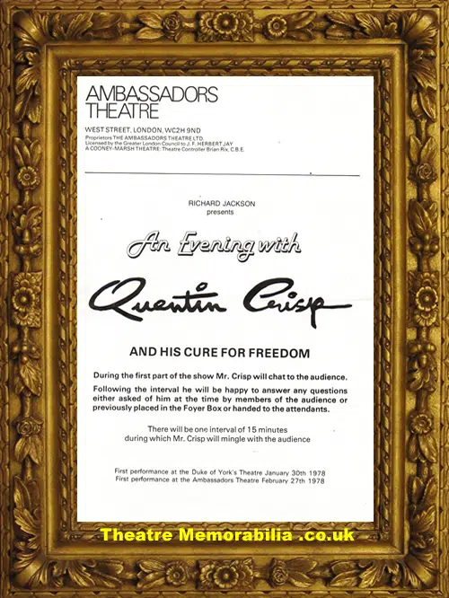 London Ambassador Theatre - Evening With Quentin Crisp - 1978