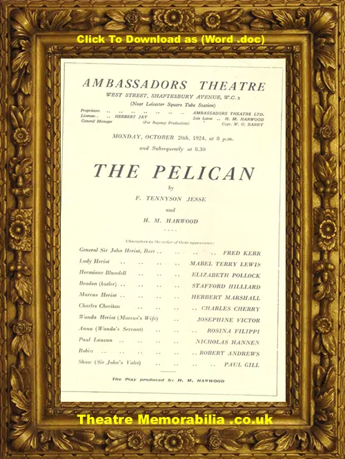 London Ambassadors Theatre - The Pelican - 1924