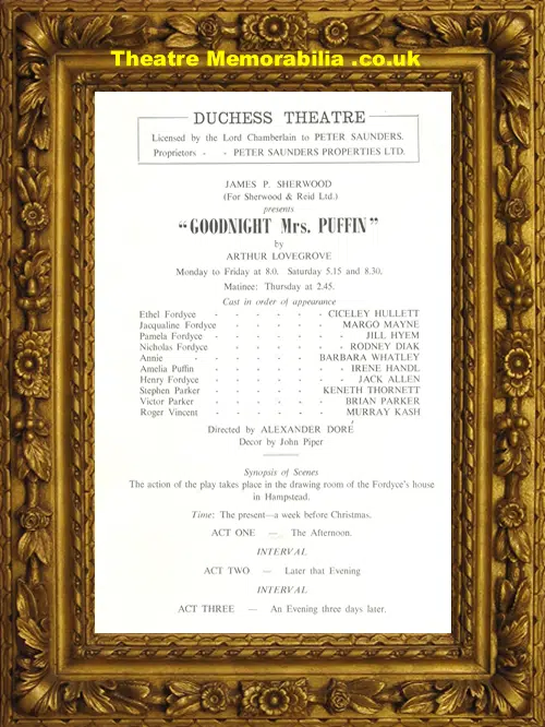London Duchess Theatre - Goodnight Mrs Puffin - 1961 Irene Handl