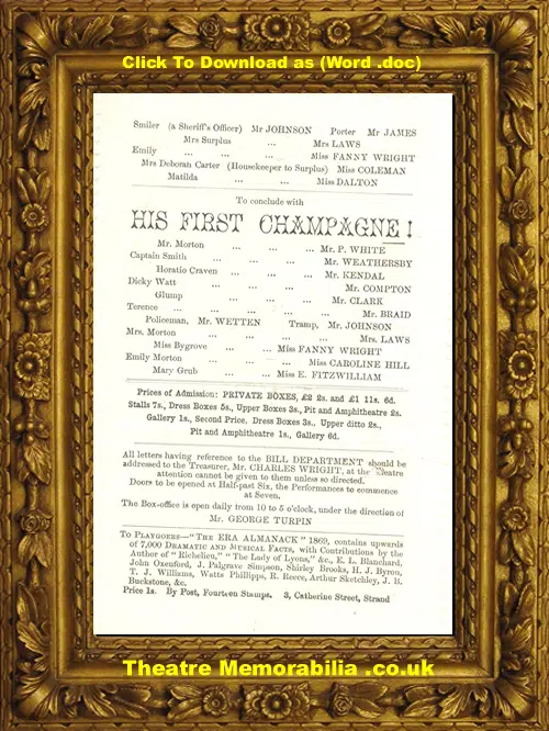 London Haymarket Theatre Royal - His First Champagne - 1869