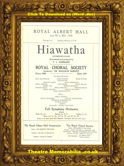 London Royal Albert Hall - Hiawatha - 1936